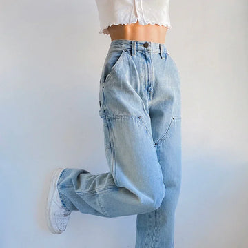 MQTIME  -  Women's Autumn New Casual Straight Denim Pants 2024 Baggy Jeans Mom Fit High Waist Loose Light Blue Jean Pocket Patchwork Female